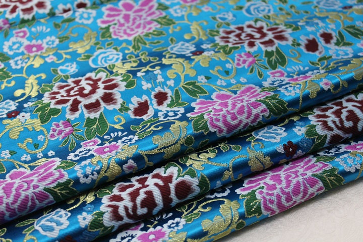 Sky Blue Silk Brocade Fabric: Peony Flower Design, 29"W