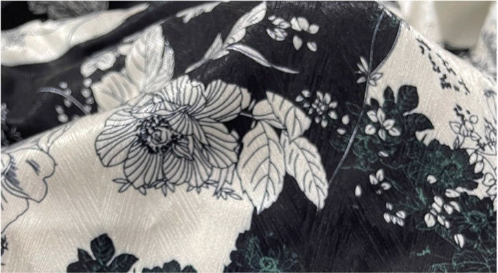 Floral Herringbone Satin Fabric: Black & White Print, 59" Wide