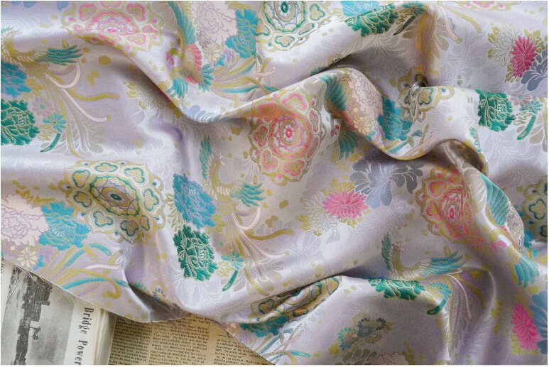 Beige Phoenix Song Brocade Fabric: 67"W Silk Rayon Blend