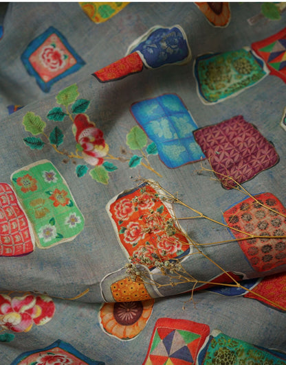Vintage Style Ramie Fabric: Floral Art Print, 55" Wide - Poppylollipop
