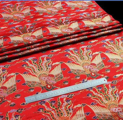 Tissu damassé jacquard Phoenix : mélange de soie et de rayonne rouge et noir