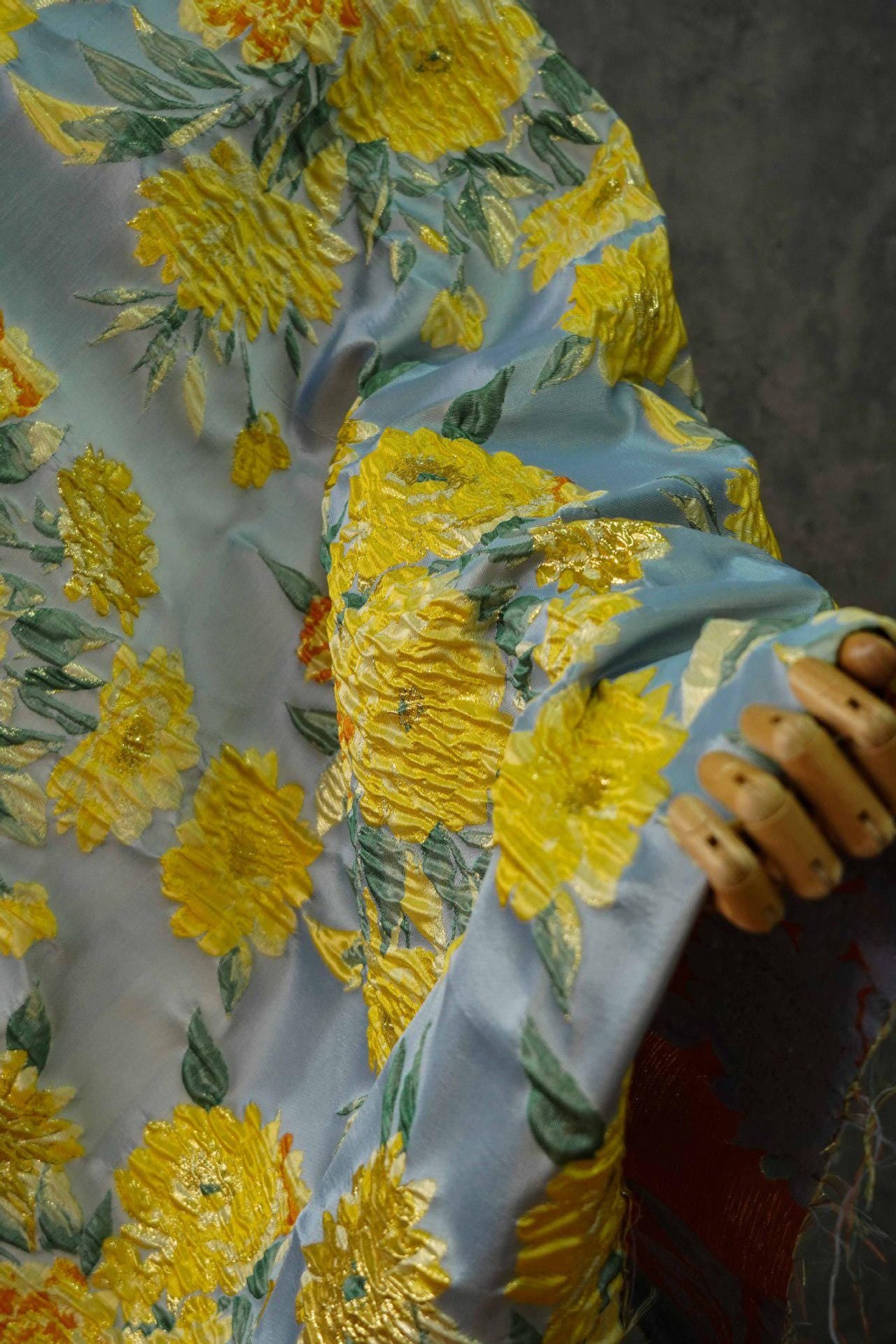 Gold Thread Yellow Peony Jacquard Fabric: 54"W Upholstery & Drapery
