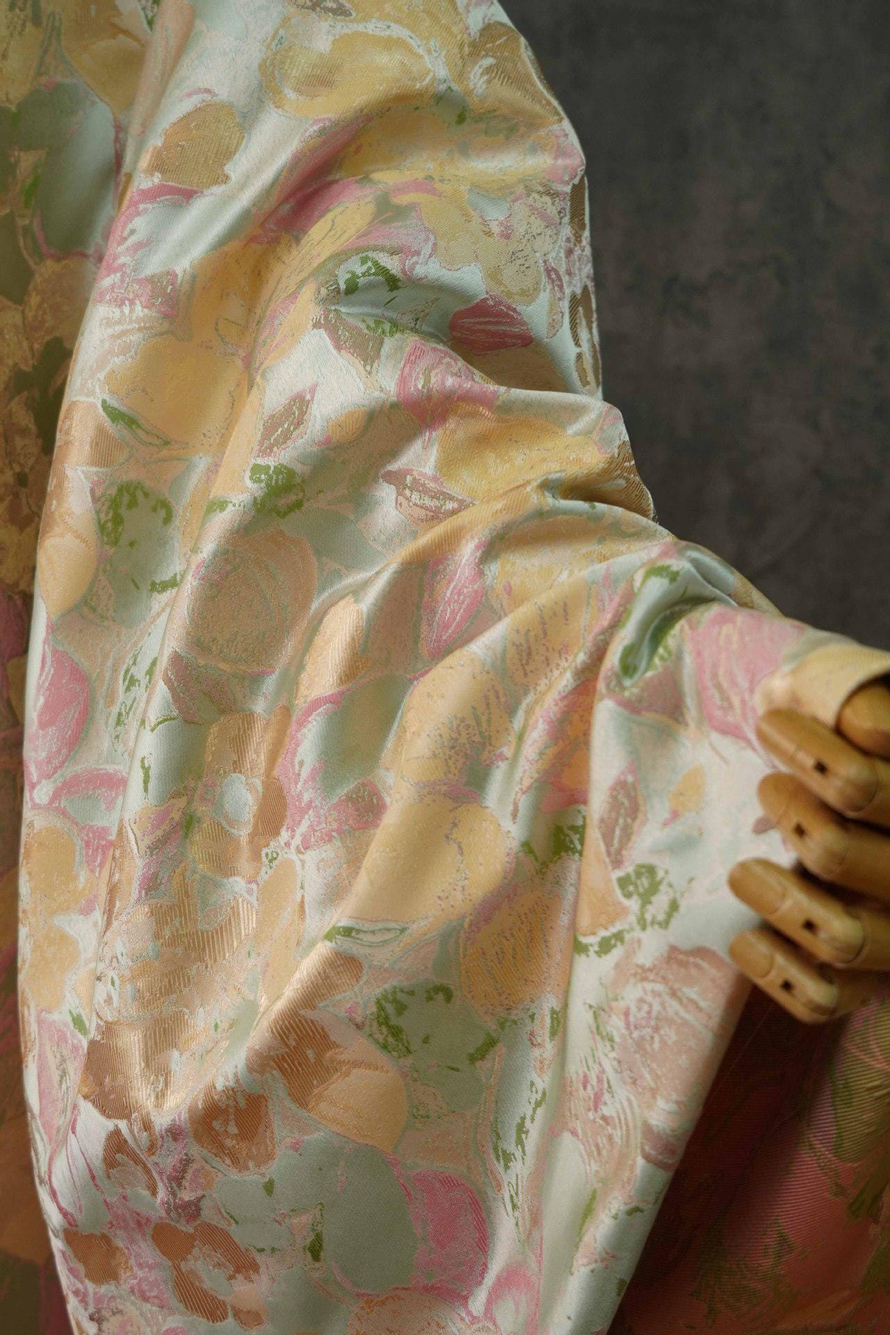 Floral Jacquard Fabric: Soft Oil Painting Style, Gold Accents, 62" Wide