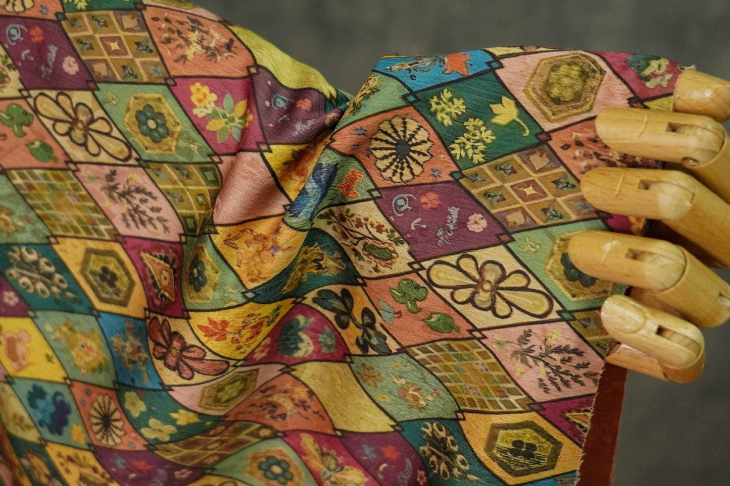 Floral Diamond Tea Satin Fabric, Dark Green Digital Print, 59" Wide