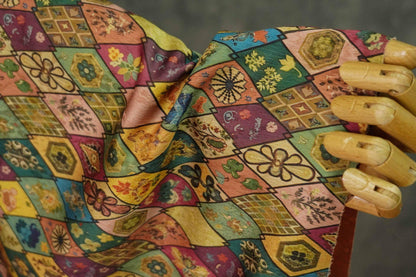 Floral Diamond Tea Satin Fabric, Dark Green Digital Print, 59" Wide