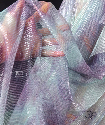 Lilac Green Sequin Mesh Fabric, Embroidered Scale Design, 49"W
