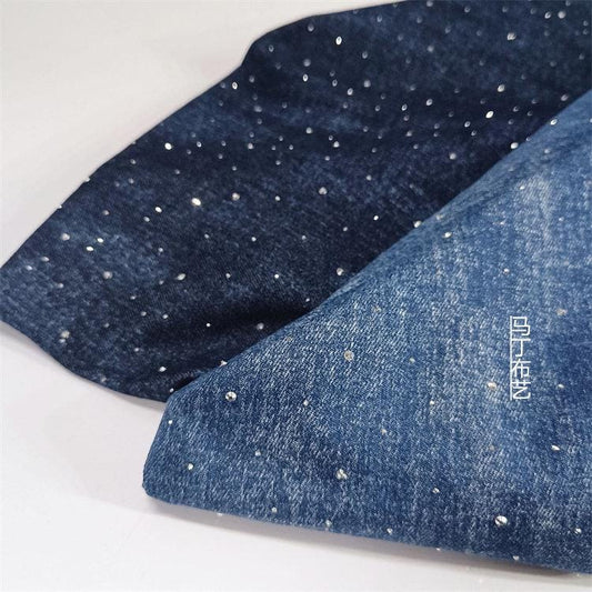 Tissu denim délavé avec strass ��" Large, matériau pour vêtements à faire soi-même
