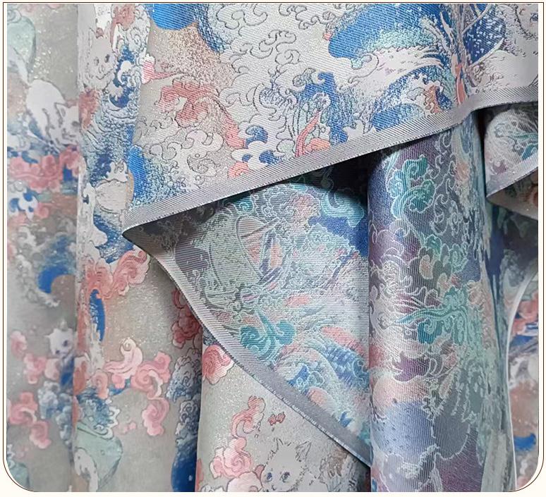 Tissu Jacquard Chat Navigateur – Motif tissé or métallisé, Couture & Maison