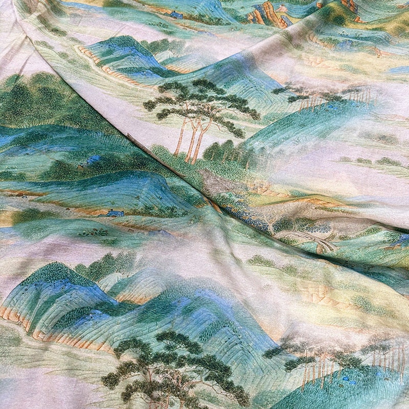 Tencel Ramie Fabric: Landscape Print Sewing Material