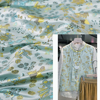 Aqua Blue Goldfish Brocade Fabric: 59"W Rayon Blend