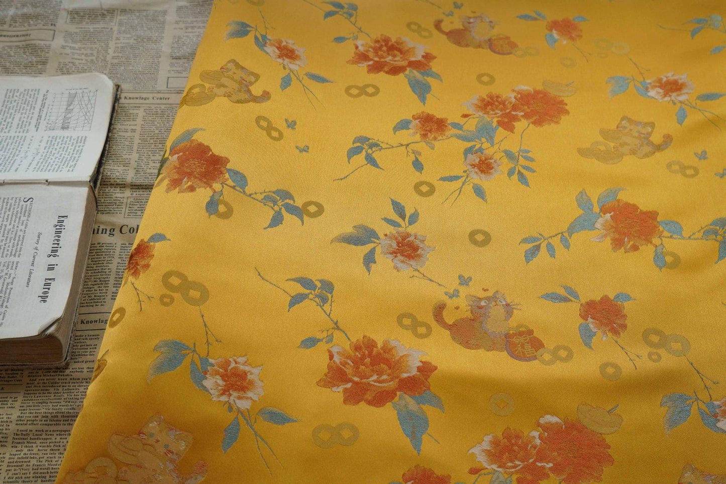 Gold Thread Brocade Fabric: Mongolian Tibetan Style, 55" Wide