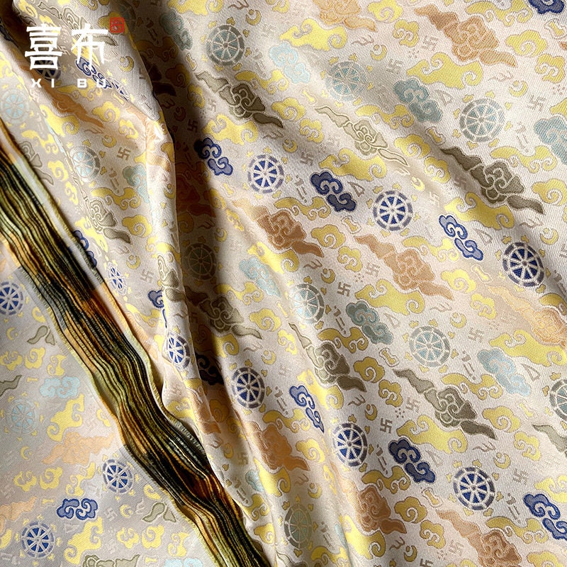 Lucky Cloud Wheel Brocade Fabric: Silk Rayon Blend, Cheongsam, Tibetan Robe