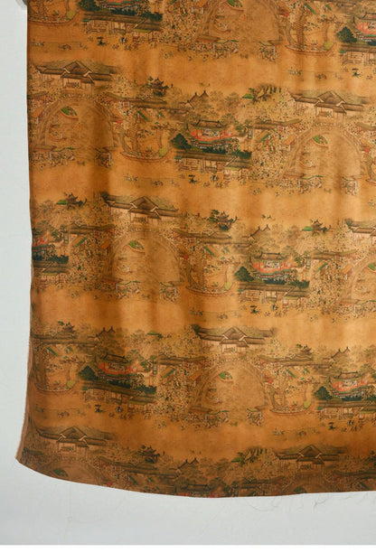 Tissu en coton pour la fête de Qingming : imprimé paysage fluvial, 140 cm de large