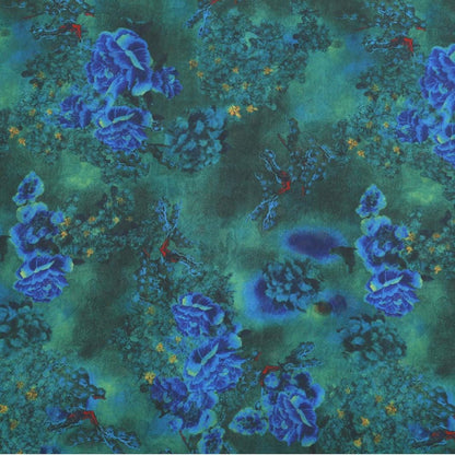 Floral Tea Silk Satin Fabric: Blue Raindrop Flowers, 59" Wide