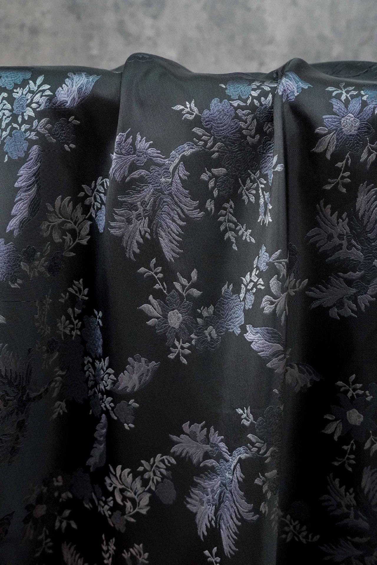 Luxury European-Style Black Jacquard Fabric with Floral Pattern, 62"Wide