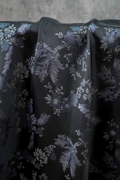 Luxury European-Style Black Jacquard Fabric with Floral Pattern, 62"Wide