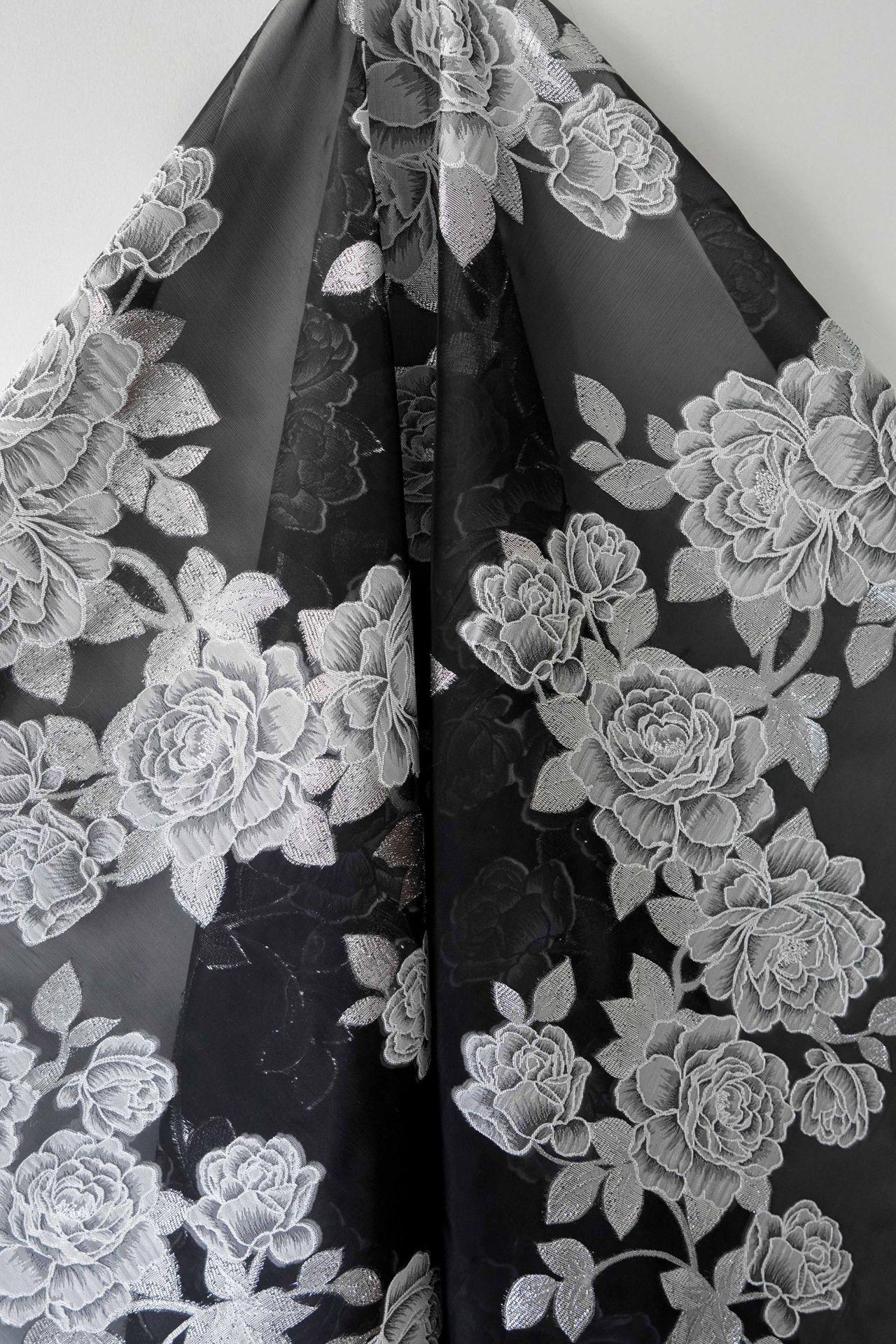 Black and white Peony Silver Thread Jacquard Semi-Sheer Fabric, 55"Wide