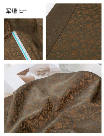 Tissu damassé jacquard pivoine paon : satin de soie thé, 150 cm de large