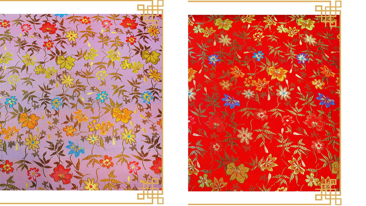 Tissu brocart de soie à motif floral : satin de rayonne Golden Bud (45 po L)