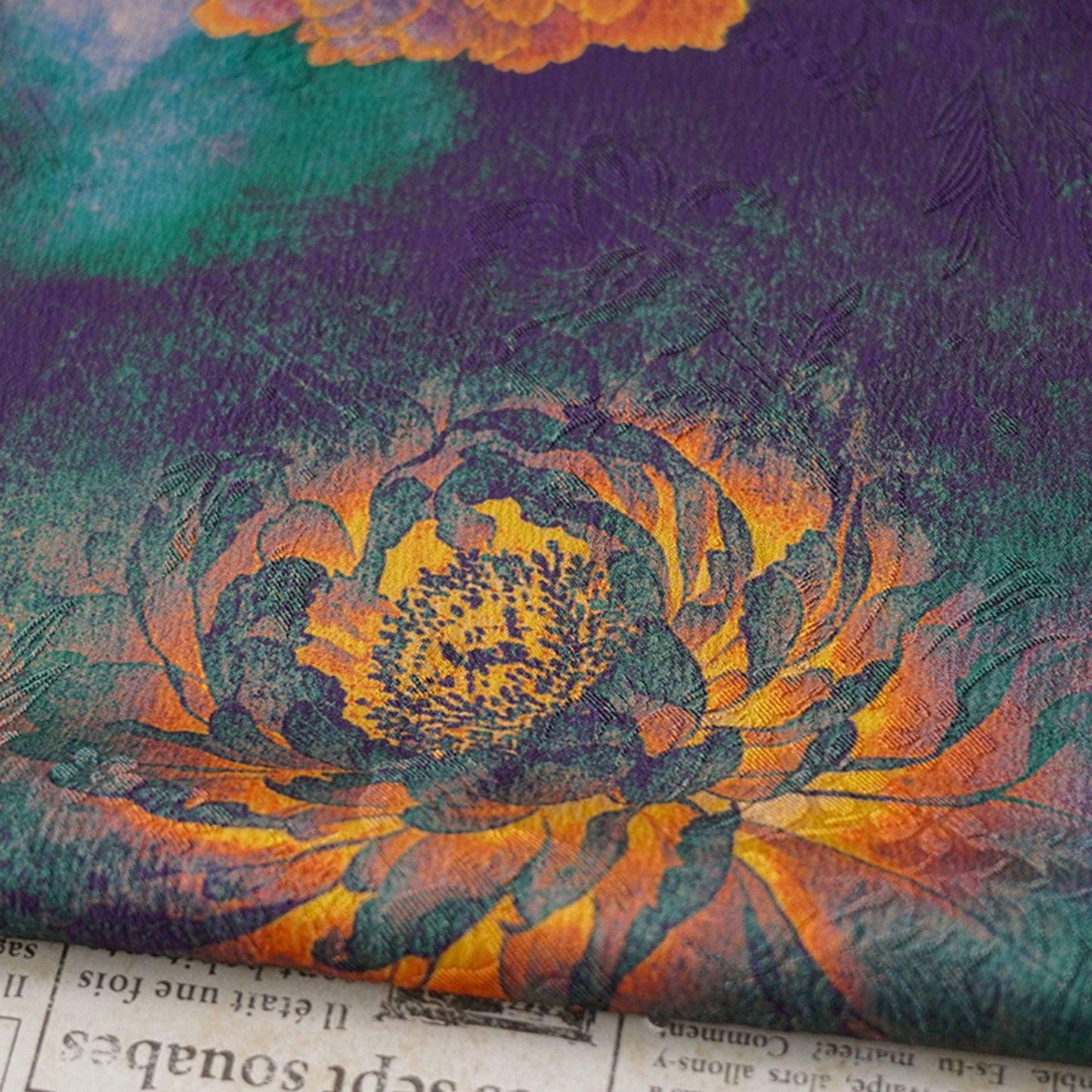 Floral Tea Silk Satin Fabric: Dark Green Upholstery, Costume, Drapery (59"W)