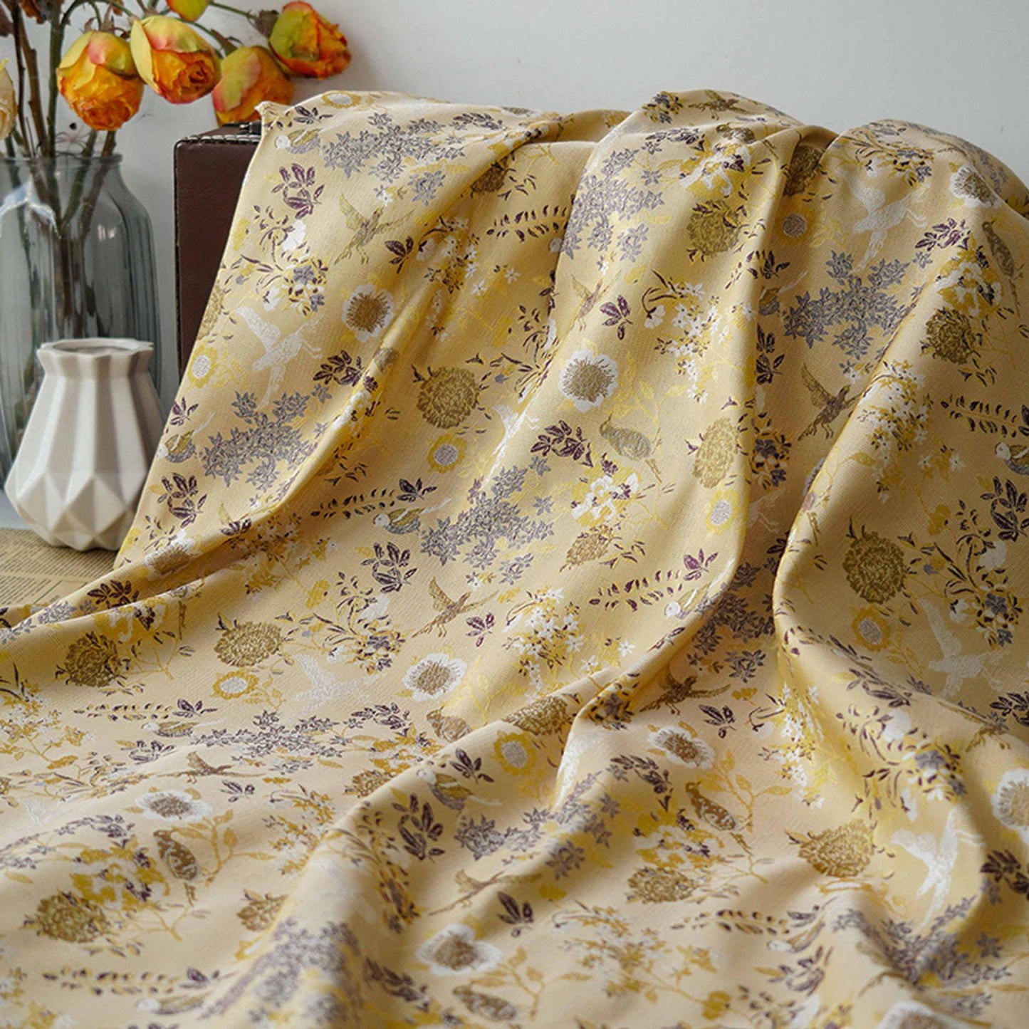 Bird Flower Jacquard Fabric: Bright Color Upholstery, Costume, Decor (60")
