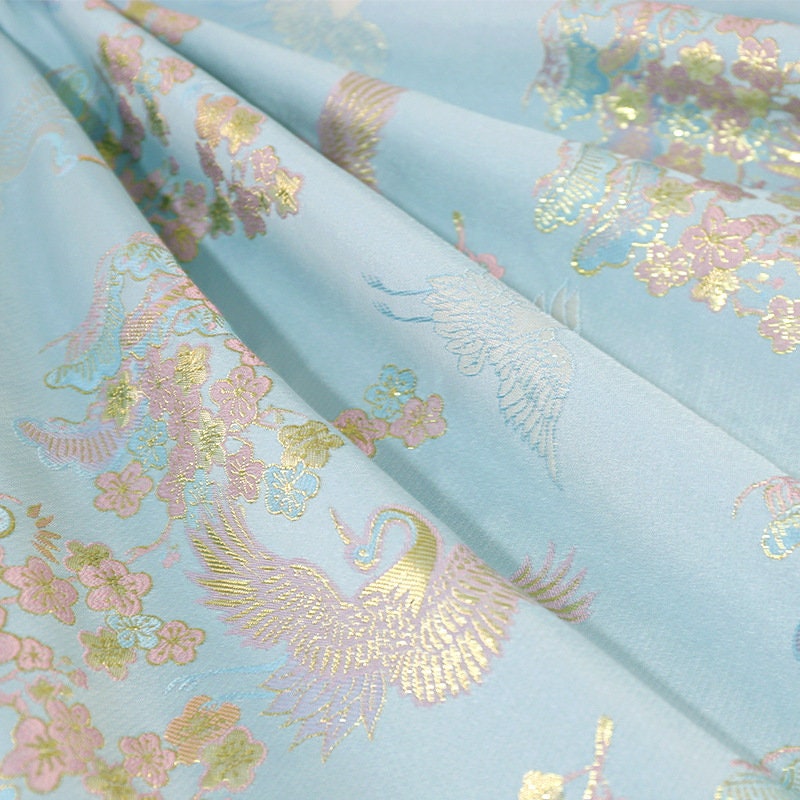 Gold Thread Jacquard Fabric: Floral Crane Design, 59" Wide