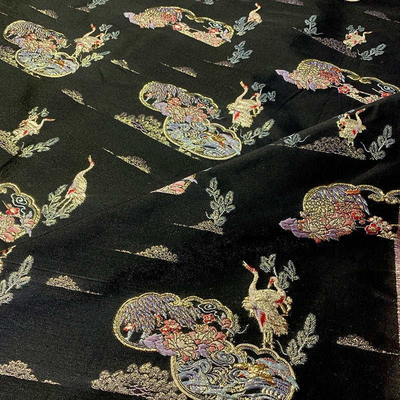 Black Crane Brocade Fabric with Gold Thread - 57"W Rayon Jacquard