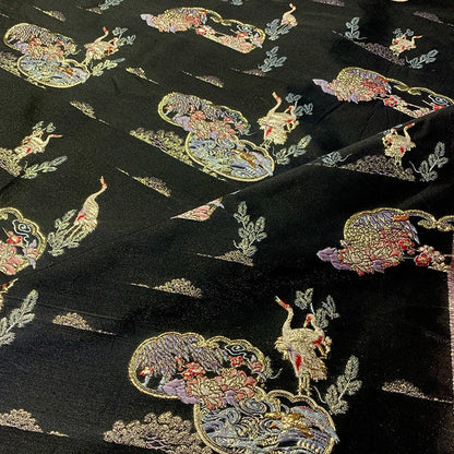 Black Crane Brocade Fabric with Gold Thread - 57"W Rayon Jacquard