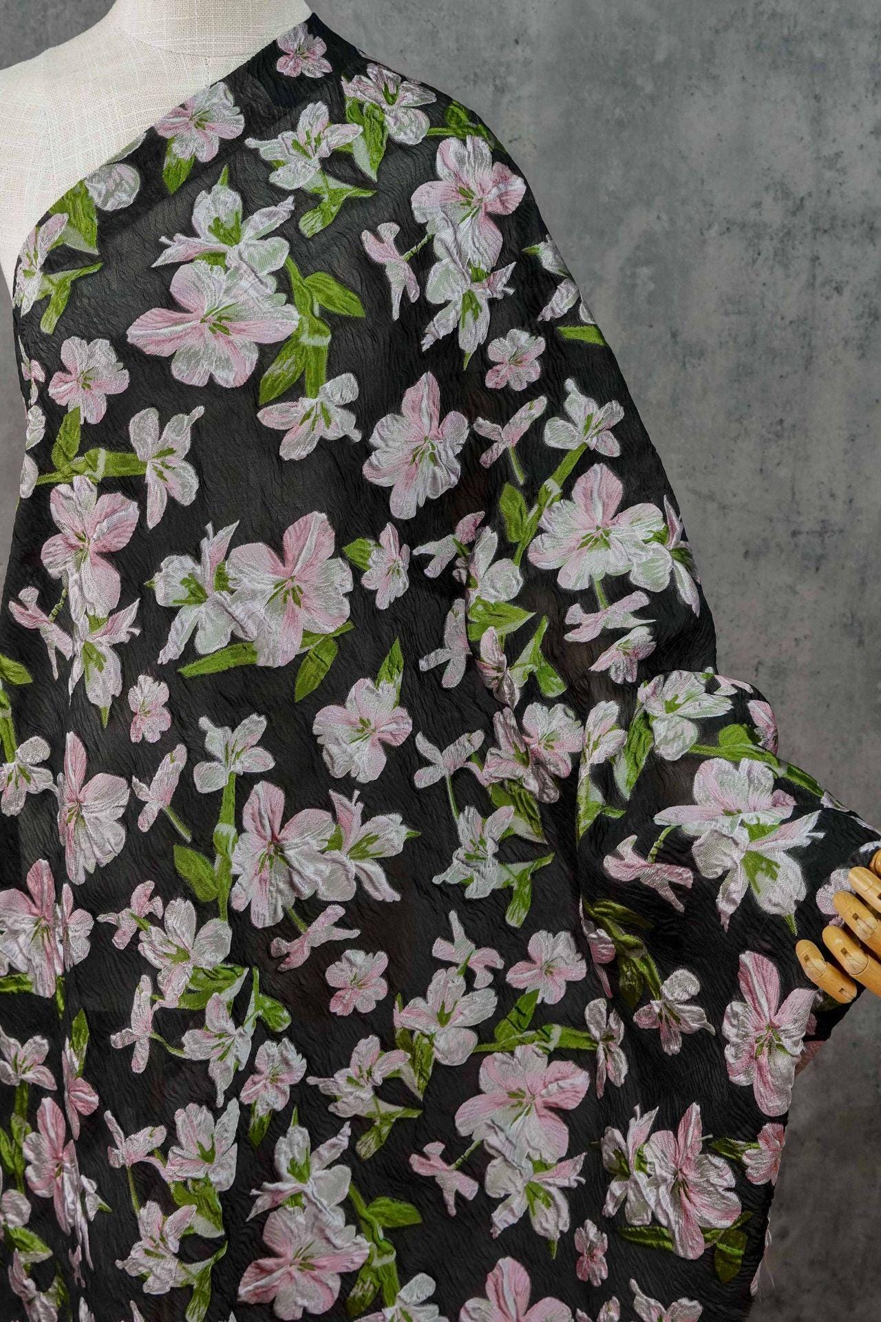 Black Embossed Floral Jacquard Fabric: Pink Flower Brocade, 55" Wide