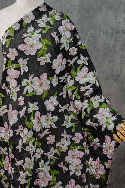 Black Embossed Floral Jacquard Fabric: Pink Flower Brocade, 55" Wide