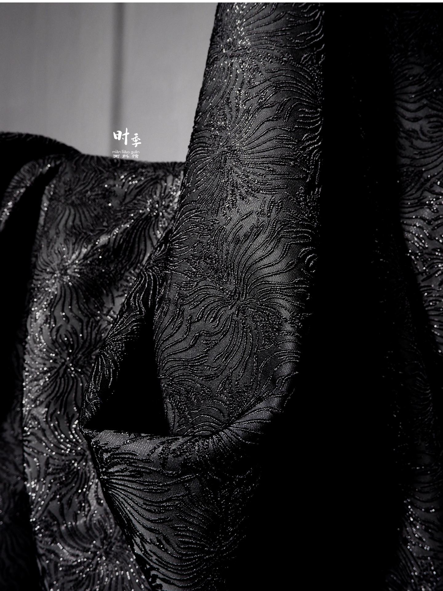 Black Spider Lily Jacquard Fabric | Embossed 3D Floral Brocade, 52" Wide