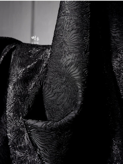 Black Spider Lily Jacquard Fabric | Embossed 3D Floral Brocade, 52" Wide