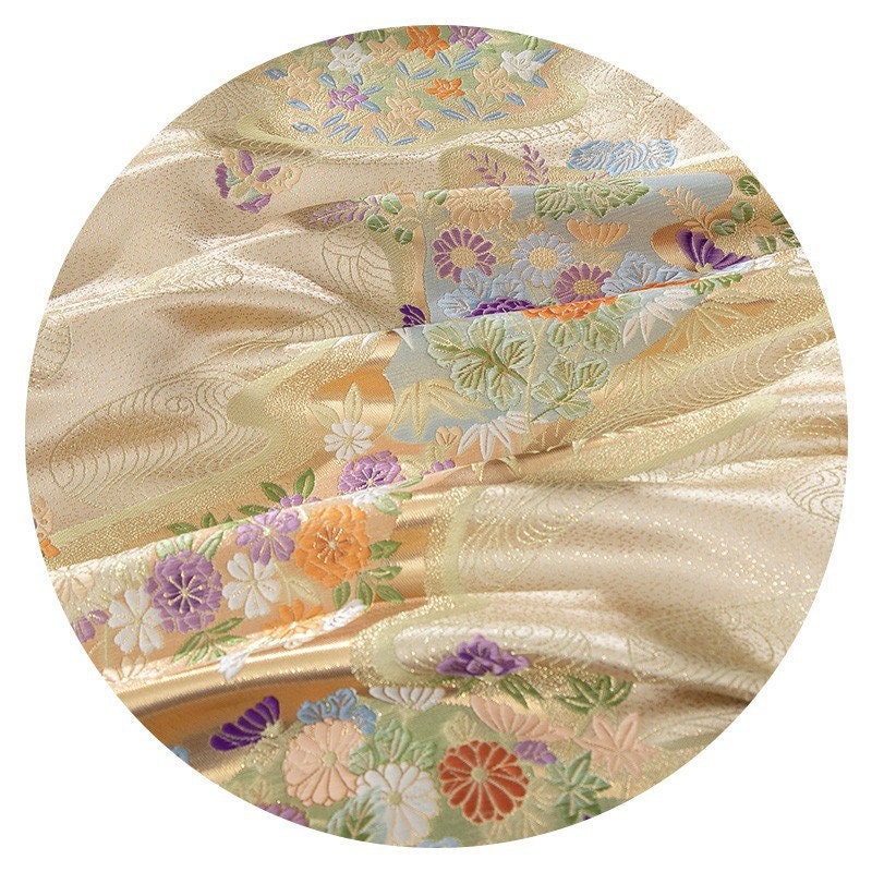 Nishijin Weaving Fabric: Gold Flower River Figure, Japanese Pattern (59"W)
