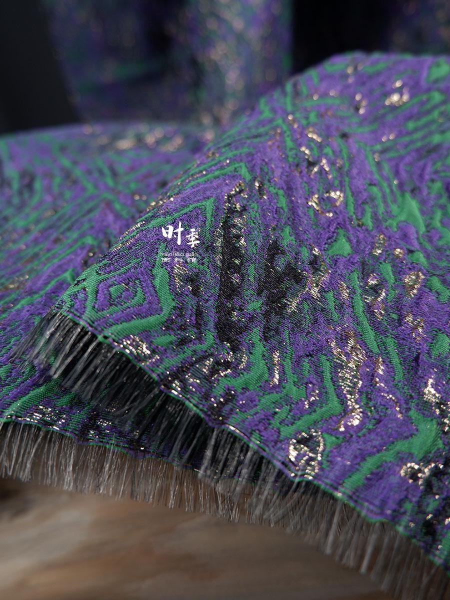 Gold Thread Jacquard Fabric: Green & Purple 3D Designer Fabric - 55"W