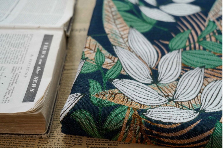 Tissu jacquard floral en polyester : revêtement d’ameublement à motif de feuilles tropicales, 150 cm de large