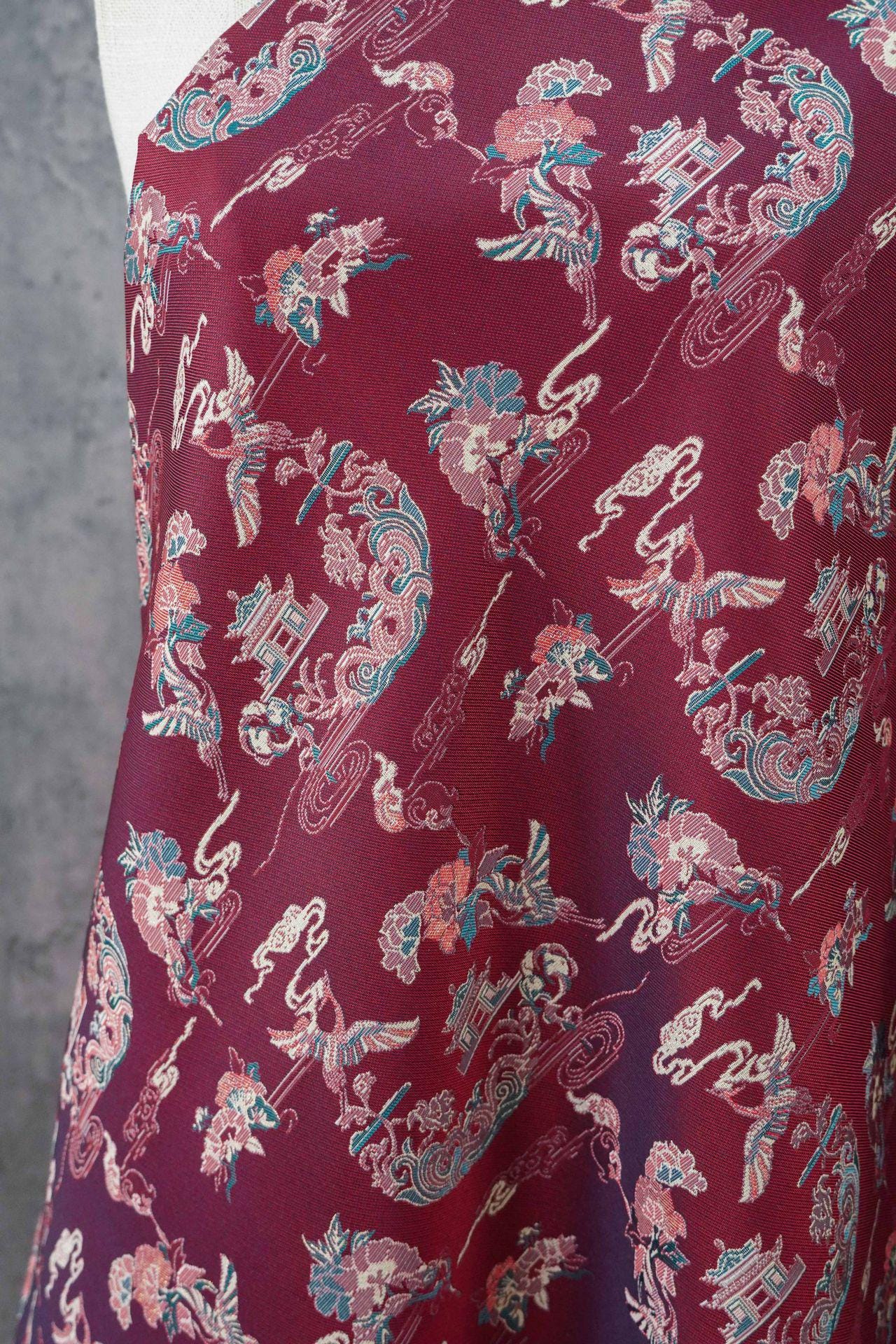 Tissu brocart satin jacquard Song : motif double grue et pivoine