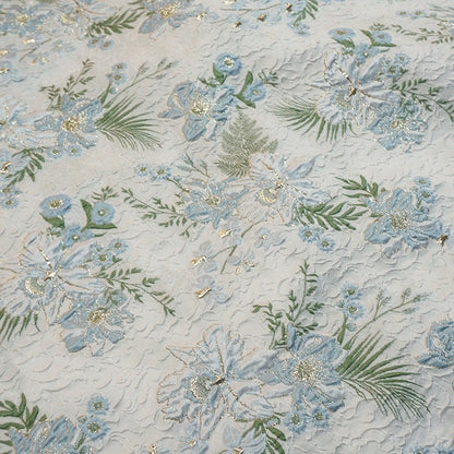 Tissu jacquard à motifs floraux : fil bleu, vert et or, largeur 142 cm, décoration de costumes