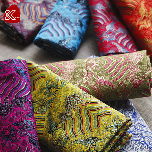 Tissu brocart de soie et rayonne à motif vagues océaniques - 75 cm
