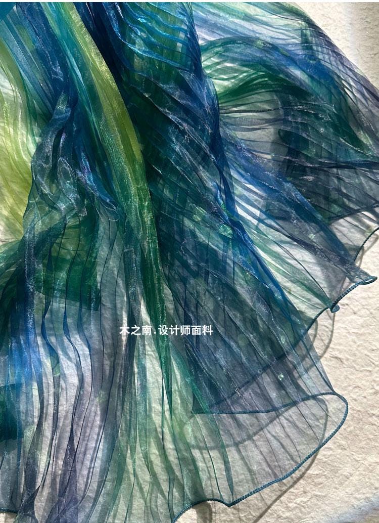 Smudged Sea Wave Organza Fabric: Accordion Pleated Laser Design, 55" Wide