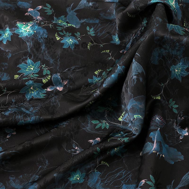 Floral Tea Silk Satin Fabric: Ancient Tuberose Print, 59" Wide