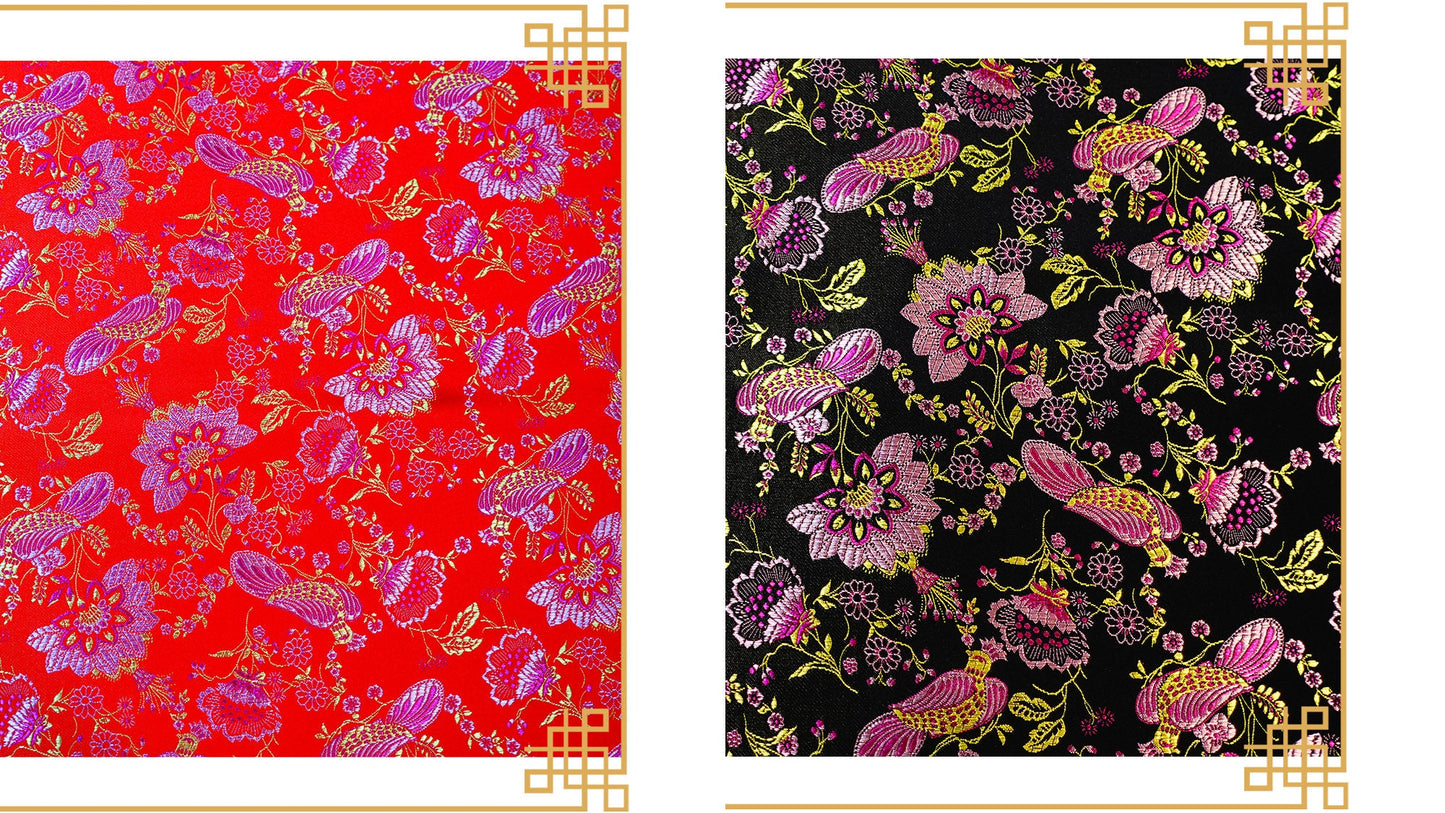 Brocart de soie : motif oiseau lotus, couture et ameublement - 114 cm de large