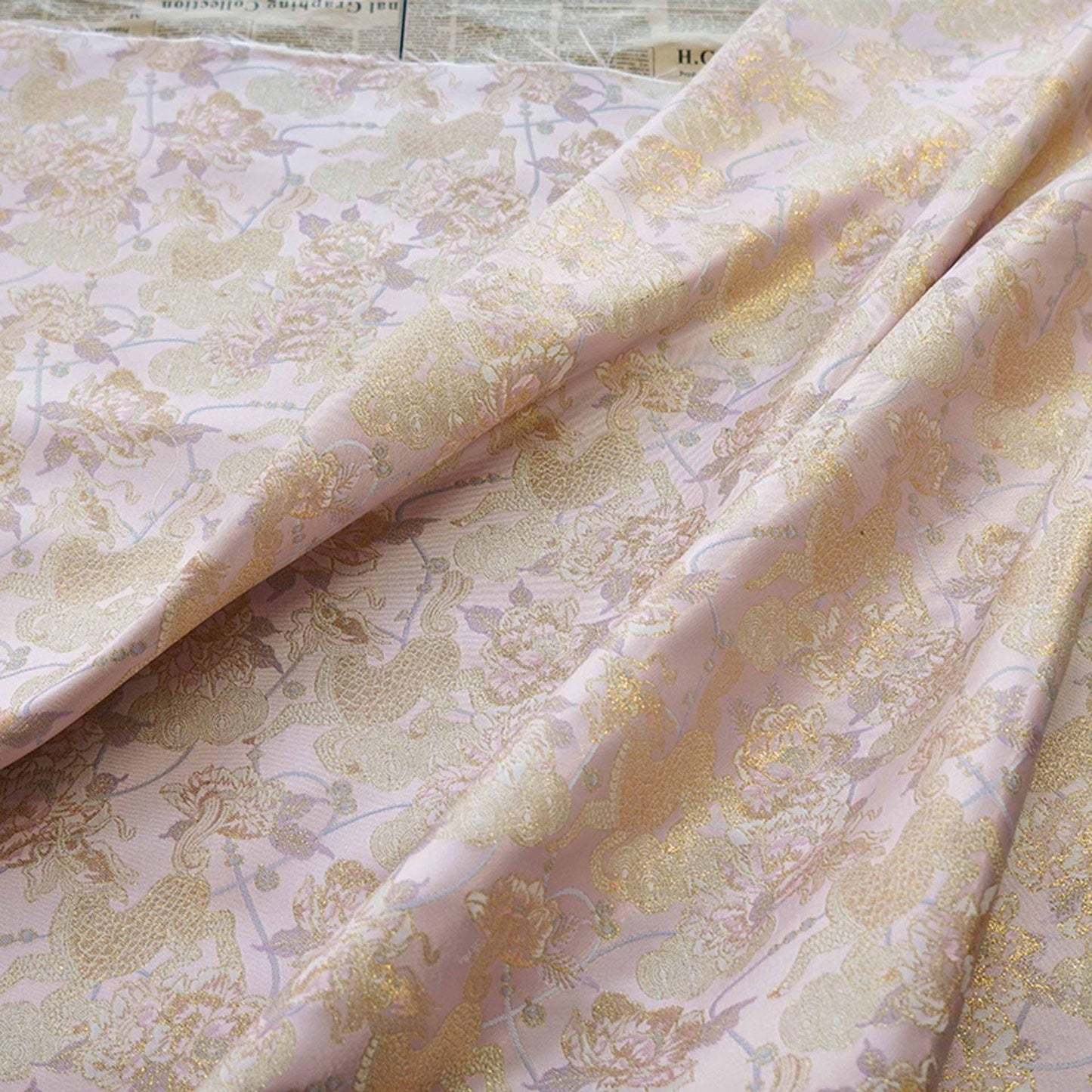 Gold Thread Pink Flower Jacquard Fabric: 3D Embossed Woven, 55"W