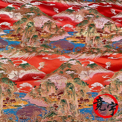 Red & Gold Chinese Brocade Fabric: Ancient Paintings Pattern (59" Wide)