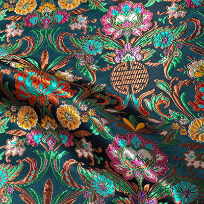 59"W Teal Jacquard Brocade Fabric ��� Longevity Peony Flower, High-Density Satin, Traditional Asian Textile for Quilting, Costumes, Home