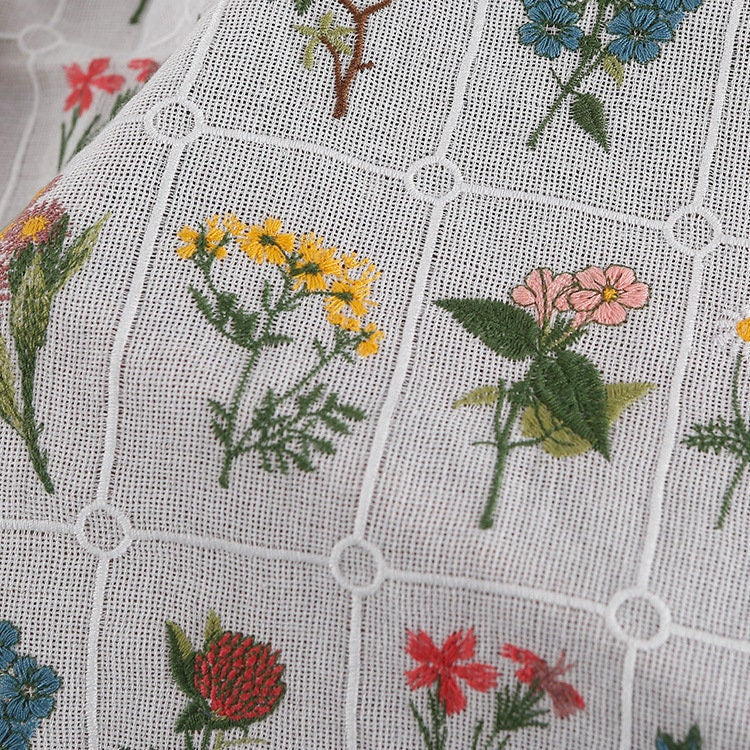 Floral Embroidery Cotton Fabric: Multicolour Plants, 49" Wide