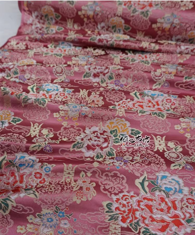 Tissu brocart de soie pivoine rose : 74 cm de large, décoration de costume de mariage