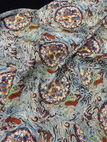 Ethnic Silk Brocade Fabric: Gold Foil Tapestry, Dunhuang Zen Style