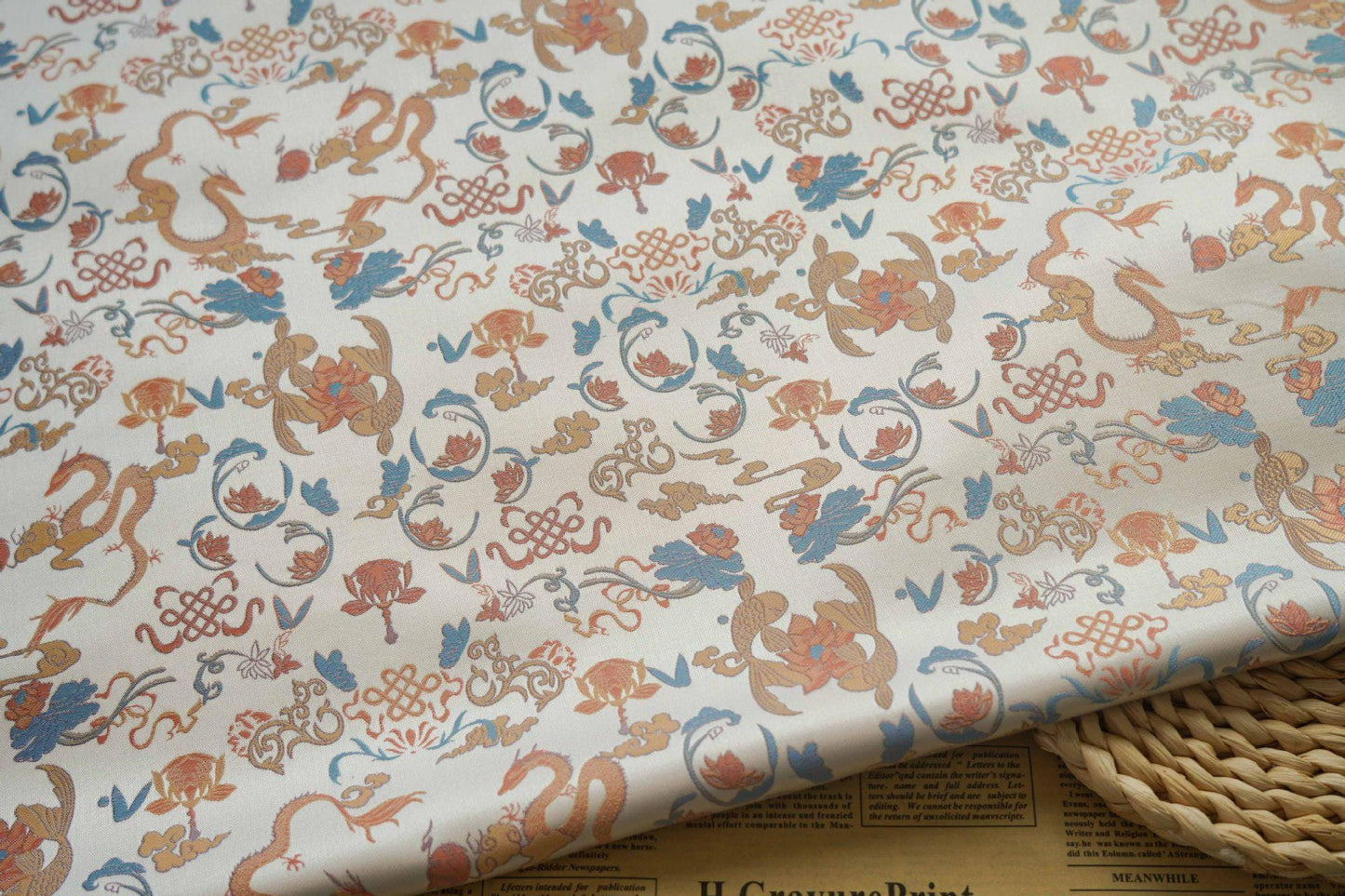 Dragon Flower Jacquard Fabric: Retro Woven Upholstery, 65" Wide