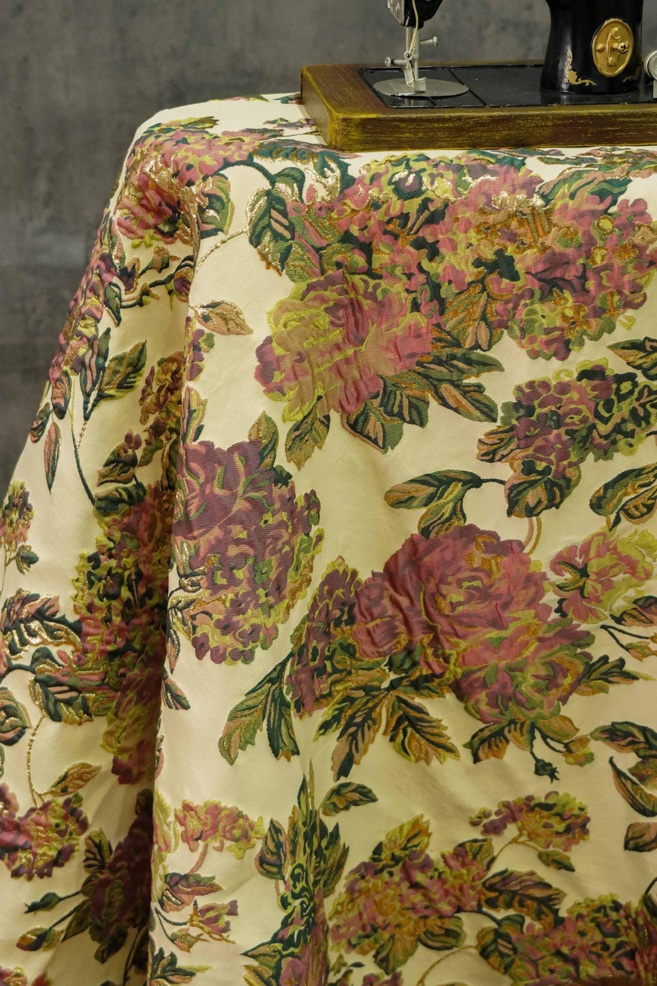 Gold Peony Jacquard Fabric: Elegant Upholstery & Sewing (56"W by 1 Meter)