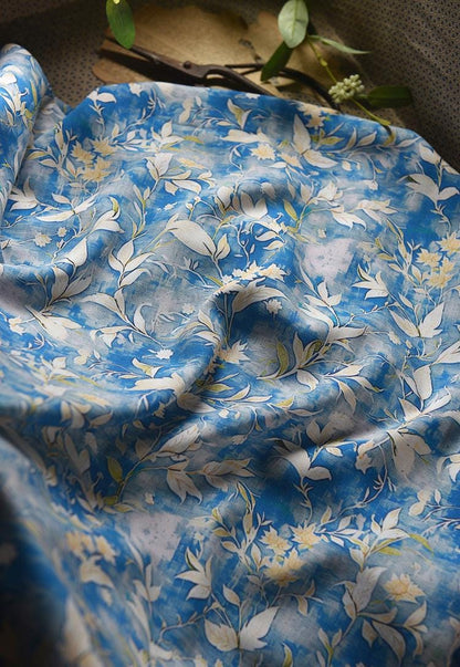 Tissu en coton à motif floral : style peinture à l’encre de Chine, 140 cm de large